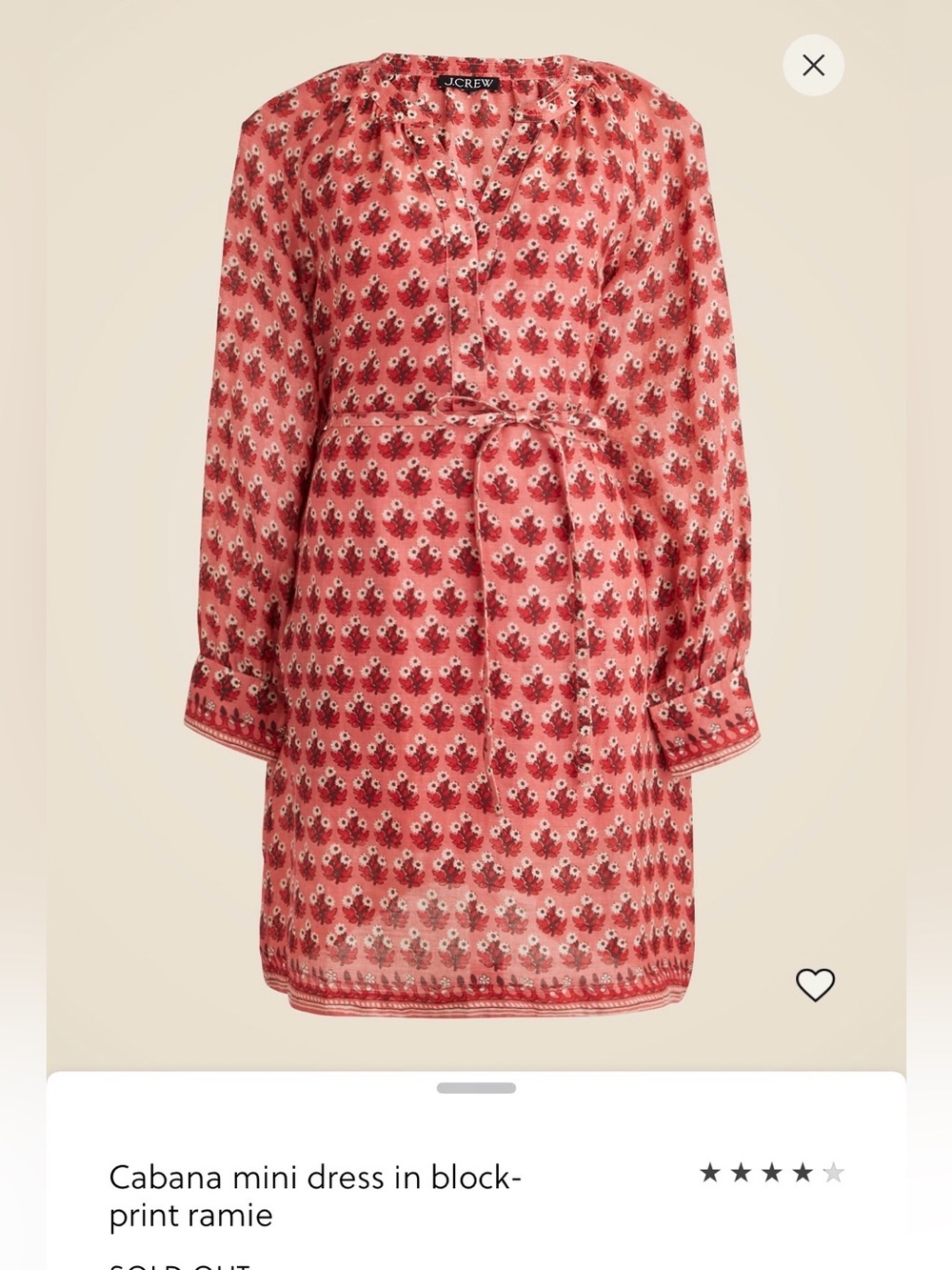 NWOT J. Crew Cabana Block Print Floral Tie-Waist Mini Dress, size XS